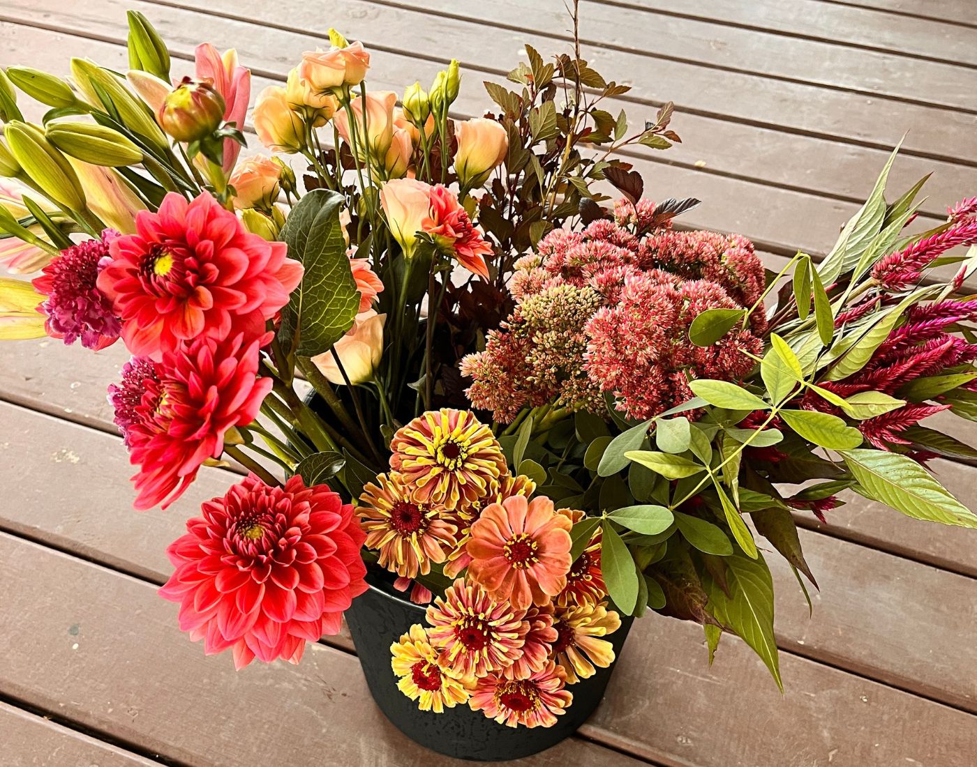 Black bucket of bulk wedding flowers in coral, peach and red with dahlias, zinnias, lisianthus, sedum and celosia, grown in West Bend, Wisconsin